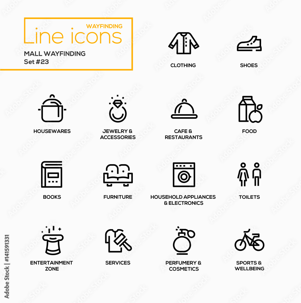Mall Wayfinding - modern vector single line icons set Mall Wayfinding - modern vector single line icons set