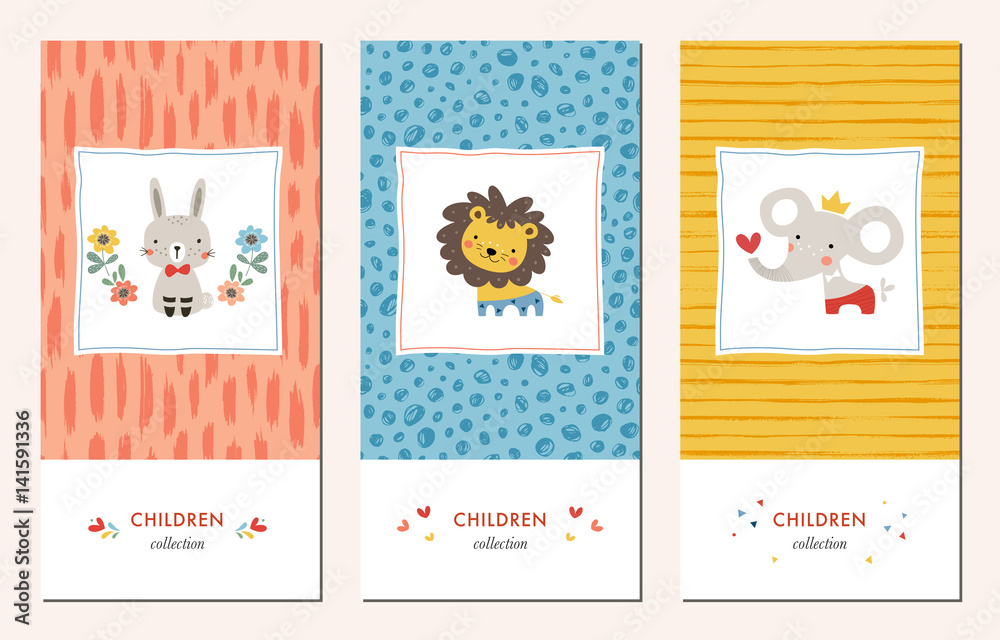 Vector set of trendy hand drawn seamless patterns and kid's design elements with bunny, lion, elephant and flowers. 