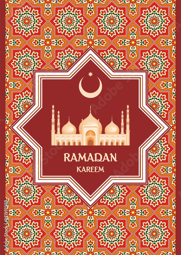Ramadan greeting card with the image of the big beautiful mosque and east ornament in Moorish style. Vector template