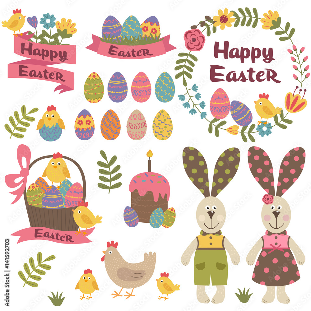 set of isolated happy easter design elements  - vector illustration, eps
