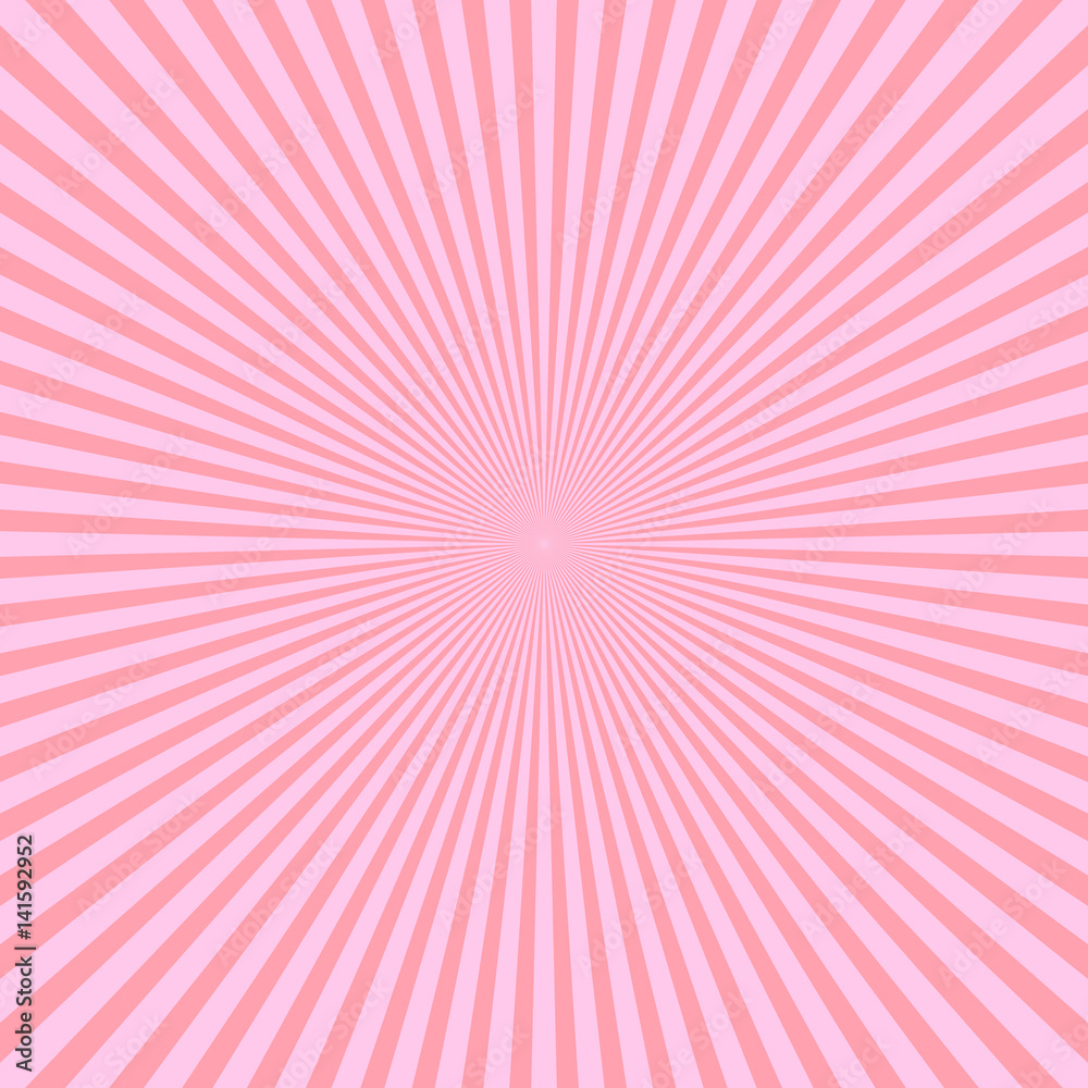 Pink rays of light in radial arrangement. Sunshine beams theme. Abstract background pattern. Vector illustration.