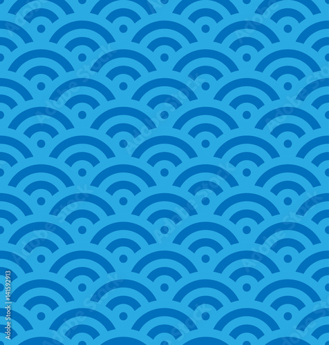 Blue fish scale background of concentric circles. Abstract seamless pattern looks like sea waves. Vector illustration.