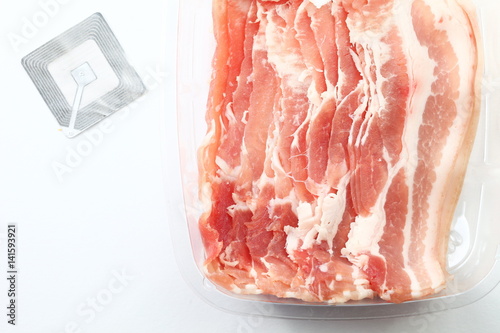 Rfid sticker pad put beside pork represent the shoplifting protection concept related idea.