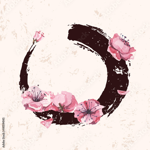 Hand drawn style dry brush smear and watercolour flowers of sakura. Vintage textured style background.