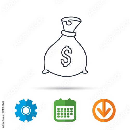 Sack with dollars icon. Money bag sign. Banking symbol. Calendar, cogwheel and download arrow signs. Colored flat web icons. Vector