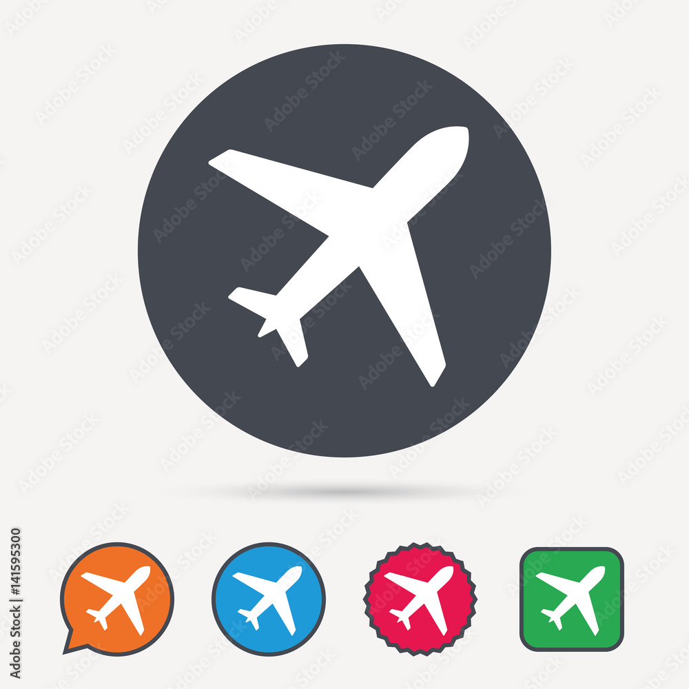 Plane icon. Flight transport symbol. Circle, speech bubble and star buttons. Flat web icons. Vector