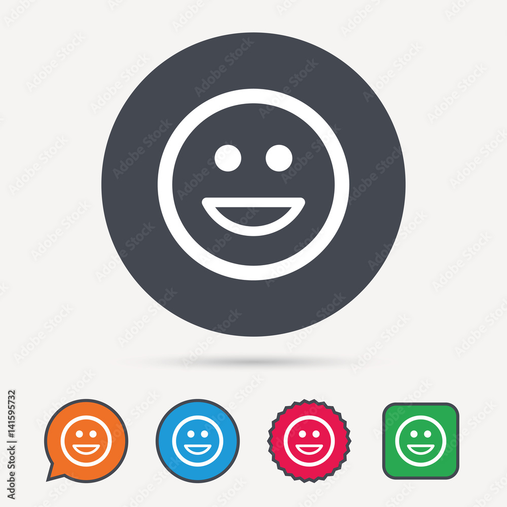 Happy smile icon. Smiley laugh emoticon symbol. Circle, speech bubble and star buttons. Flat web icons. Vector Happy smile icon. Smiley laugh emoticon symbol. Circle, speech bubble and star buttons. Flat web icons. Vector