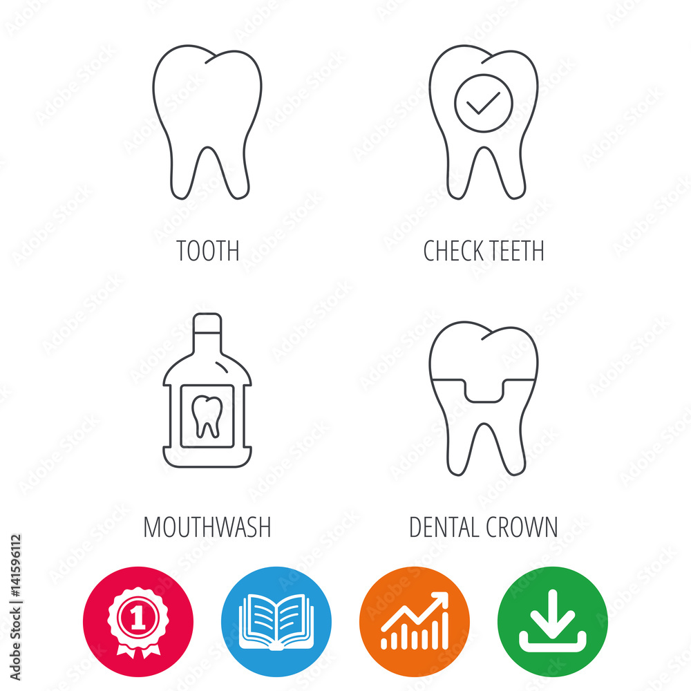Tooth, dental crown and mouthwash icons. Check teeth linear sign. Award medal, growth chart and opened book web icons. Download arrow. Vector Tooth, dental crown and mouthwash icons. Check teeth linear sign. Award medal, growth chart and opened book web icons. Download arrow. Vector