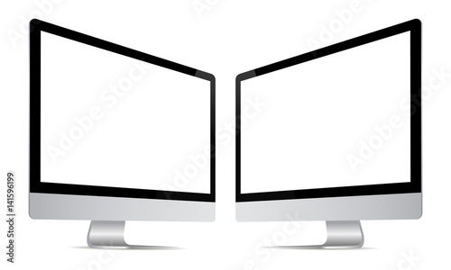 Computer monitor screen mockup with perspective view to showcase website design project in modern style. Monitors with blank screens isolated on white background. Vector illustration