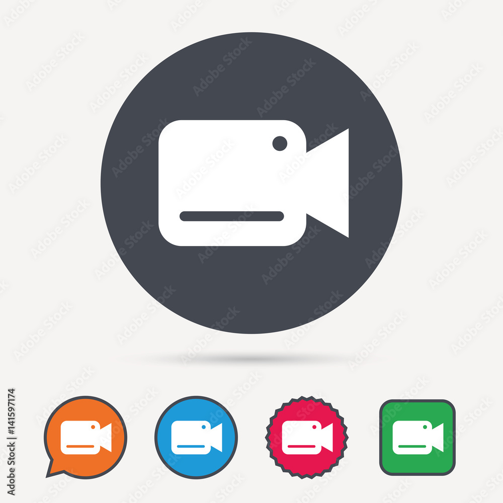 Video camera icon. Film recording cam symbol. Security monitoring. Circle, speech bubble and star buttons. Flat web icons. Vector Video camera icon. Film recording cam symbol. Security monitoring. Circle, speech bubble and star buttons. Flat web icons. Vector
