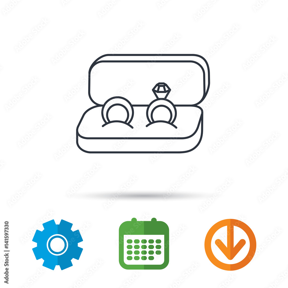Wedding rings icon. Jewelry with diamond sign. Marriage symbol. Calendar, cogwheel and download arrow signs. Colored flat web icons. Vector Wedding rings icon. Jewelry with diamond sign. Marriage symbol. Calendar, cogwheel and download arrow signs. Colored flat web icons. Vector