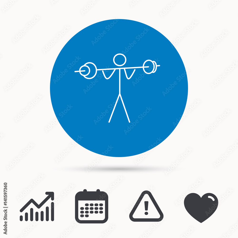 Weightlifting icon. Heavy fitness sign. Muscular workout symbol. Calendar, attention sign and growth chart. Button with web icon. Vector Weightlifting icon. Heavy fitness sign. Muscular workout symbol. Calendar, attention sign and growth chart. Button with web icon. Vector