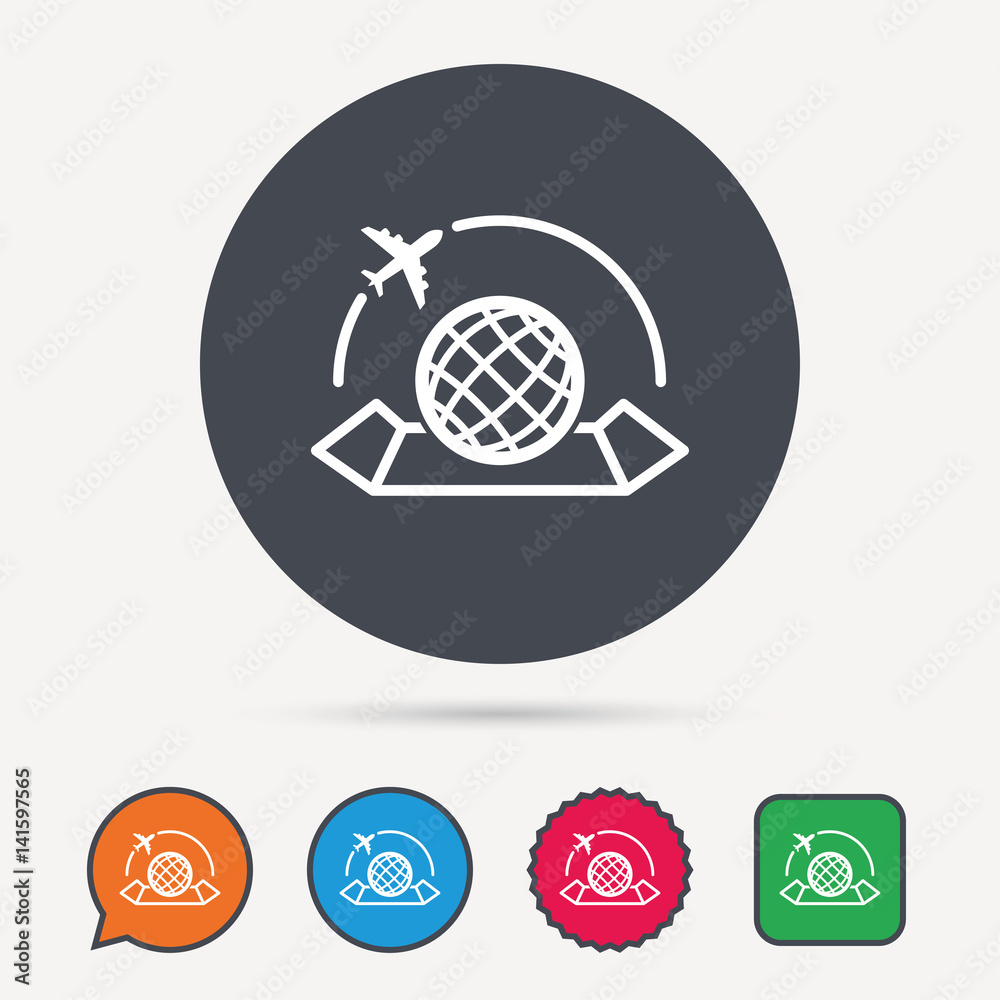 World map icon. Globe with airplane sign. Plane travel symbol. Circle, speech bubble and star buttons. Flat web icons. Vector