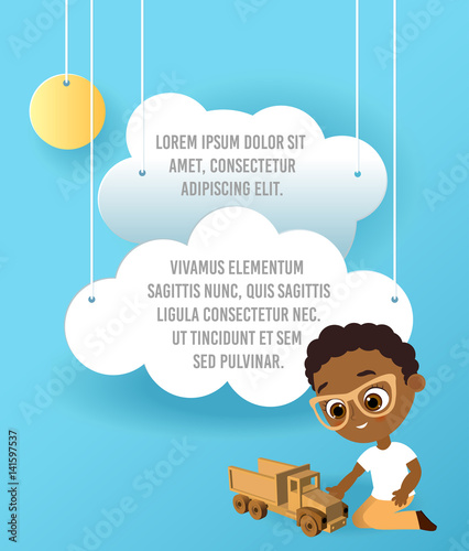 African American boy with toy car. Boy playing car. Vector Paper art of car, cloud in the sky. Template advertising brochure with space for text. Origami concept Banner. Banner with funny cartoon kids