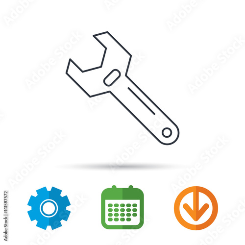 Wrench key icon. Adjustable repair tool sign. Calendar, cogwheel and download arrow signs. Colored flat web icons. Vector