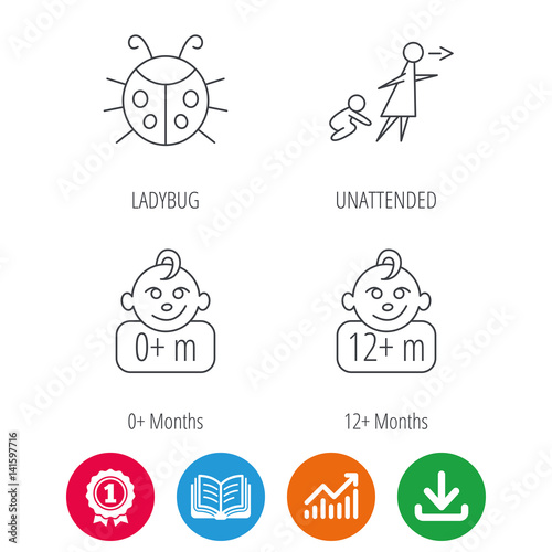 Infant child, ladybug and 0+ months child icons. Unattended child linear sign. Award medal, growth chart and opened book web icons. Download arrow. Vector