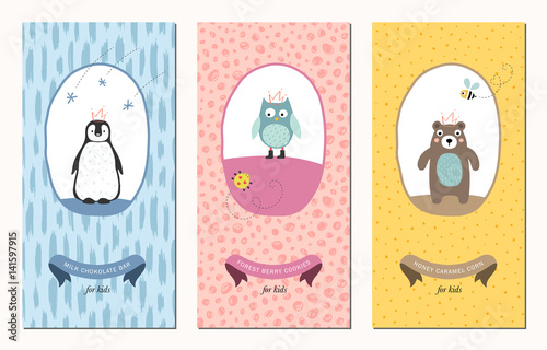 Vector set of trendy hand drawn seamless patterns and kid's design elements with penguin, owl, bug, bear and bee. 