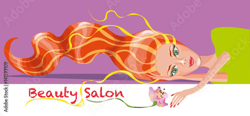 vector illustration with a beautiful young woman with long red hair