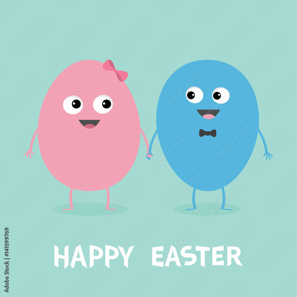 Happy Easter Painting Egg Couple Family Looking On Each Other Smiling Face Bow Tie Cute Cartoon Character Set Holding Hands Boy Girl Friends Forever Love Greeting Card Flat Design Blue Background Stock