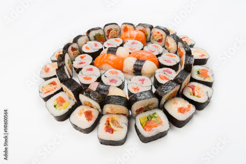 Set of sushi, maki and rolls isolated on white