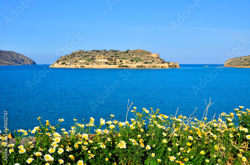 View of the island of Spinalonga with daises at foreground. Here were isolated lepers, humans with the Hansen's desease and took place the story of Victoria 's Hislop novel "The Island".