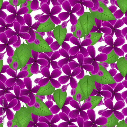 Fabric texture pattern with seamless flowers. The floral seamless pattern over light background. Flower pattern of purple hydrangea flowers over white background. Lilac flowers. Vector illustration.