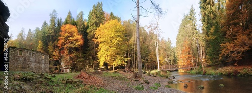 Fototapeta Naklejka Na Ścianę i Meble -  Panorama of ruin and autumnal forest
