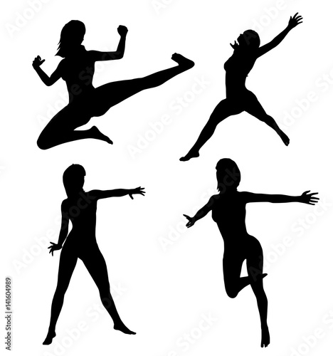 Woman makes gym exercise. Vector silhouette. Vector images set (collection)