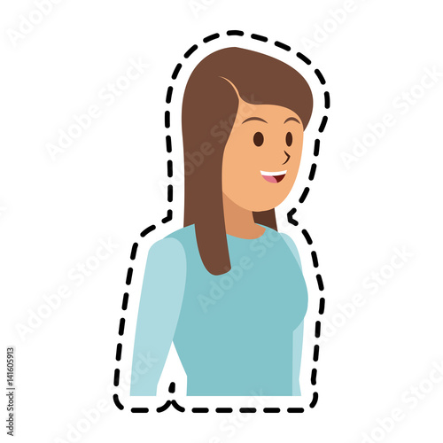 happy brunette woman with baby blue sweater icon image vector illustration design 