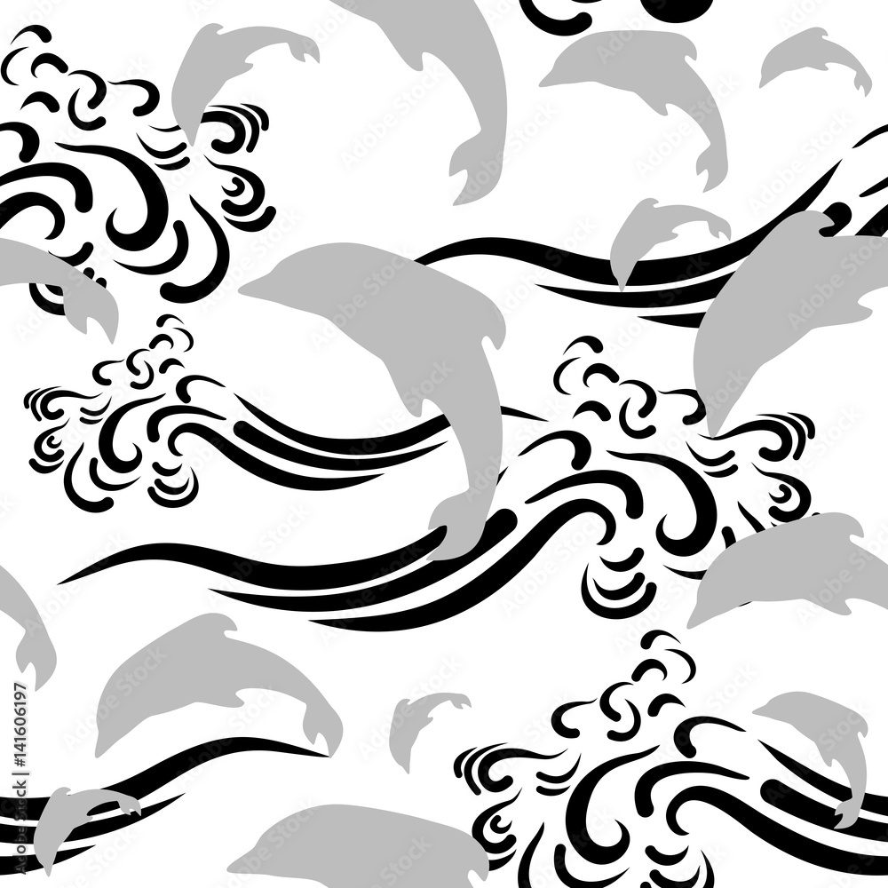 Fototapeta premium Seamless pattern of dolphins and waves. Graphic vector. Wallpaper.