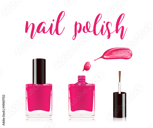 Pink nail polish in bottle with the bottle lid on top and nail smear drop isolated on white background. Vector illustration.