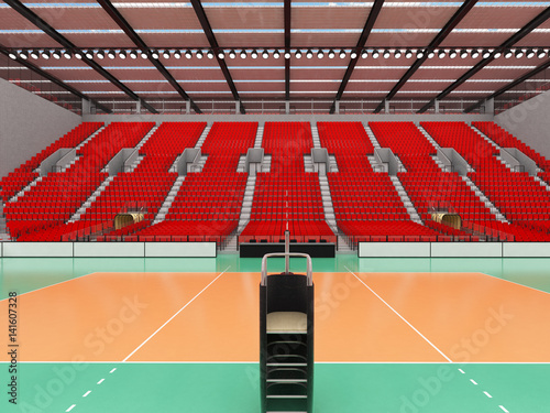 Beautiful sports arena for volleyball with red seats and VIP boxes