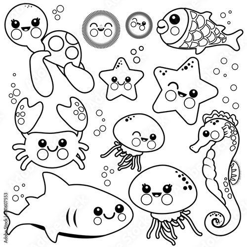 Sea animals. Vector black and white coloring page.
