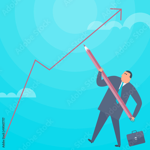 Businessman with a pencil is drawing an increase graph arrow. Flat concept illustration of cartoon man improving business. Vector design element for web, business presentation, financial infographic.