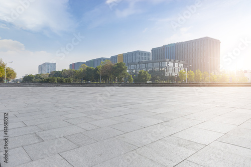 Empty floor with modern business office building