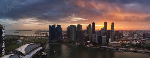 Panorama of Singapore city shot from drone aerial photography modern urban cityscape 