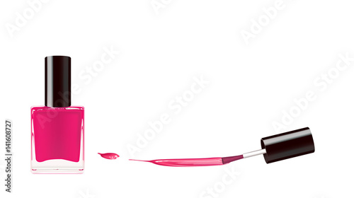 Pink nail polish in bottle with the bottle lid on top and nail smear drop isolated on white background. Vector illustration.