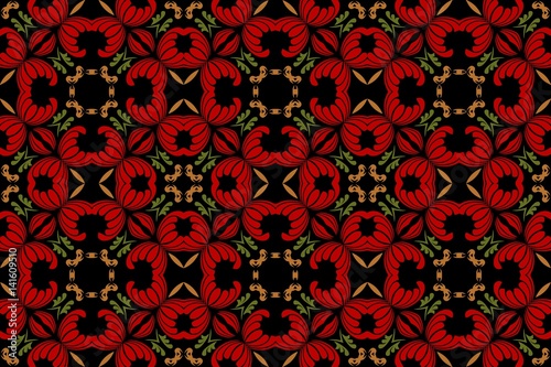 abstract symmetrical pattern of the elements of red flowers, green leaves on the dark background