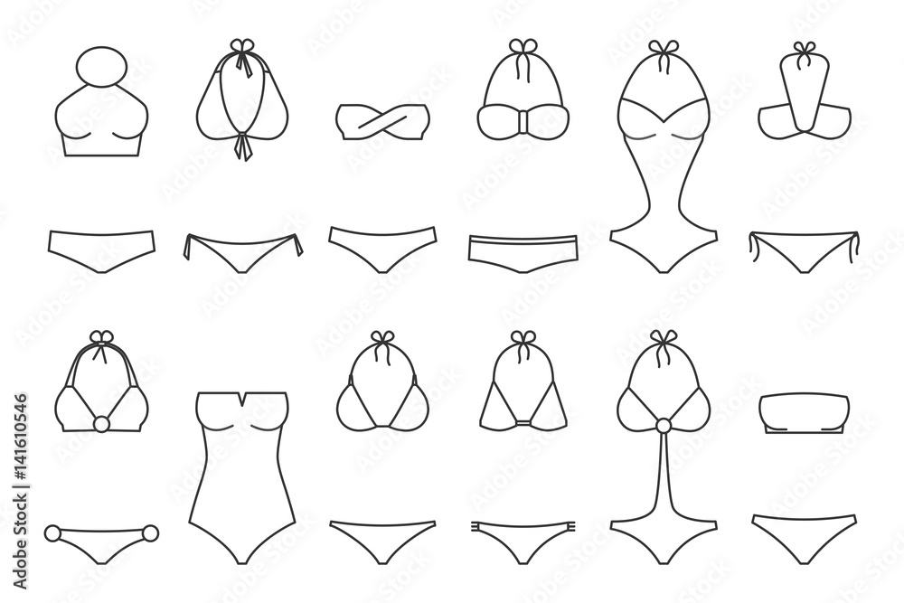 Cursus Waardig Door Vector illustration of women's swimsuit outline design set. Fashion bikini  collection. Female stylish swimwear silhouettes isolated. Flat beach  clothing underwear. Stock Vector | Adobe Stock