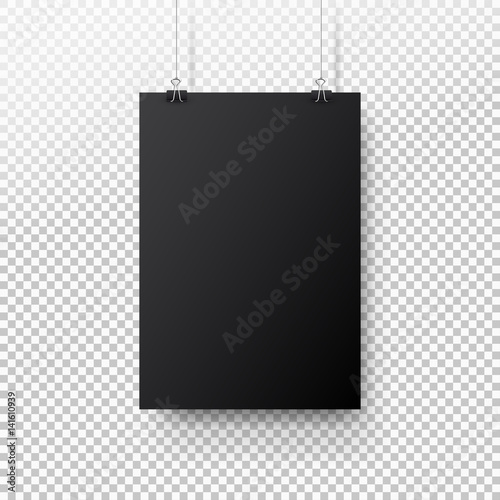 Black poster hanging on binder. Transparent background with mock up empty paper blank. Layout mockup. Vertical template sheet