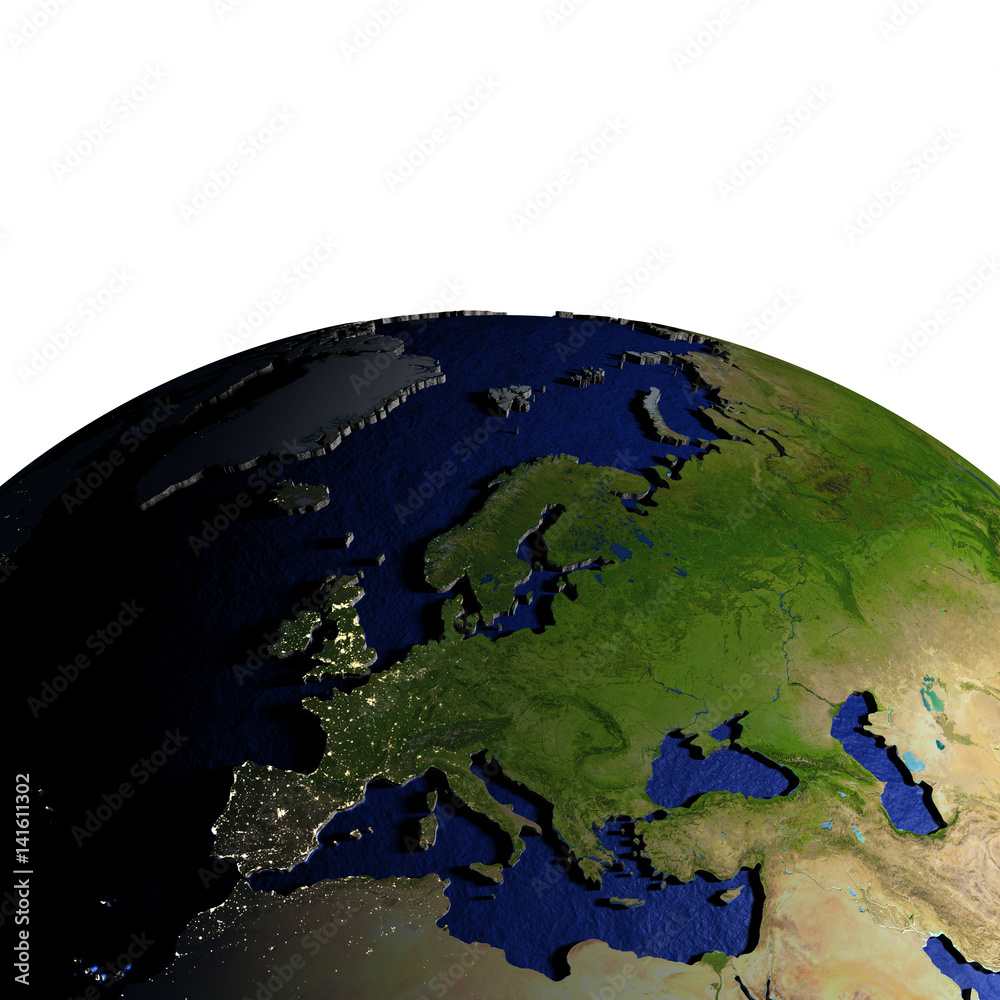 Europe on model of Earth with embossed land