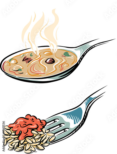 Spoon with the steaming soup, and a fork with the risotto.