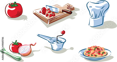 Ingredients to prepare a plate of spaghetti with tomato sauce