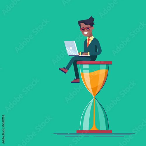 African american businessman sitting on the hourglass with laptop legs crossed. Business concept of time management and procrastination. Vector illustration.