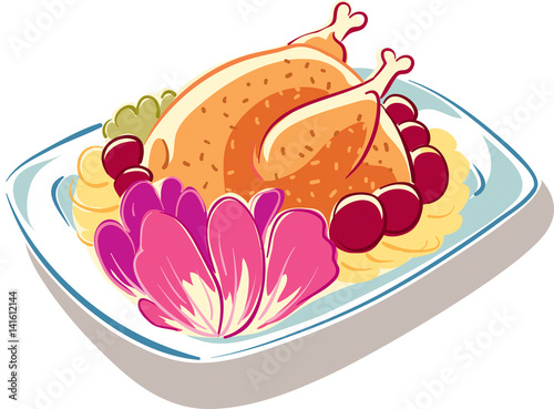 Plate with freshly baked roast chicken, garnished with potatoes and vegetables.