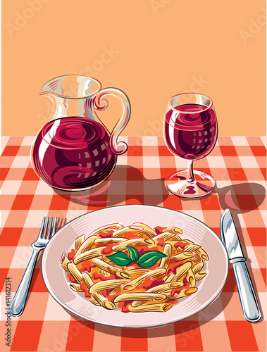 Table prepared a traditional tavern, with red and white checkered tablecloth, posed with a steaming and appetizing dish of penne pasta with tomato and basil.