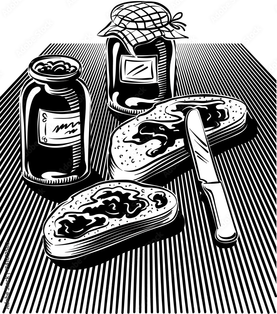 Cut slices of bread, spread with fruit jam, two jam jars and a knife.