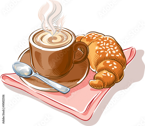 Cup with a steaming and creamy cappuccino freshly prepared, and a croissant.