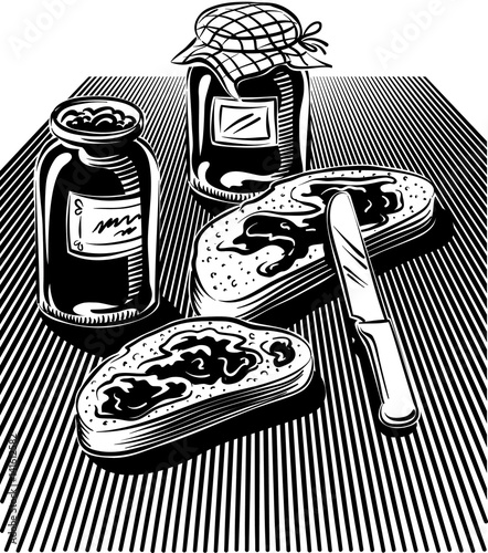 Obraz na płótnie Cut slices of bread, spread with fruit jam, two jam jars and a knife. w salonie