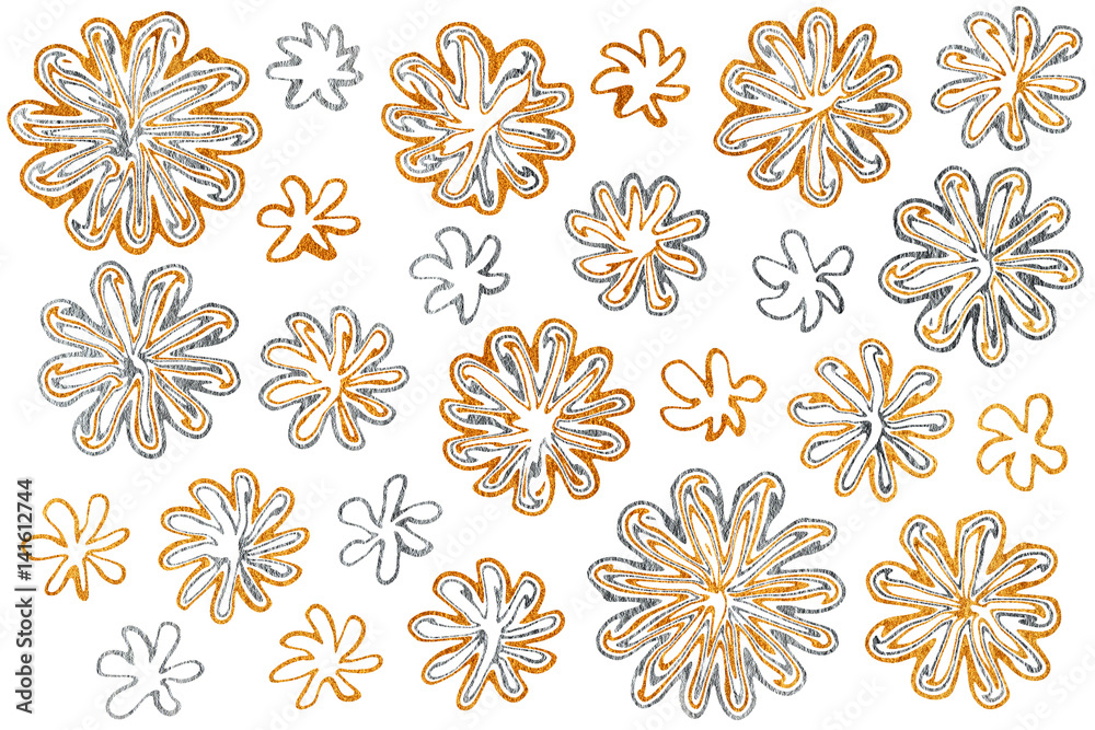 Painted golden and silver abstract flowers on white background Painted golden and silver abstract flowers on white background